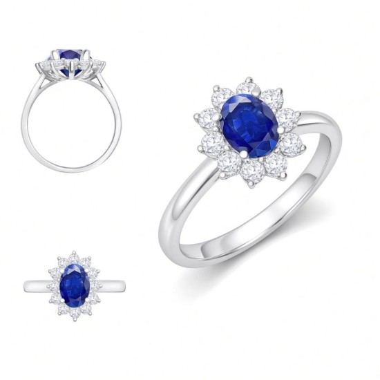 9ct White Gold 0.35ct Lab Grown Diamond & 0.75ct 7x5mm Sapphire Claw Set Cluster Halo Oval Ring