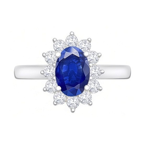 9ct White Gold 0.35ct Lab Grown Diamond & 0.75ct 7x5mm Sapphire Claw Set Cluster Halo Oval Ring