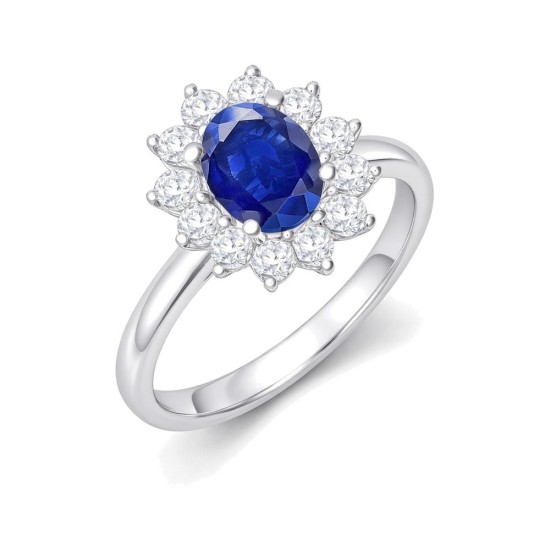9ct White Gold 0.62ct Lab Grown Diamond & 1.25ct 8x6mm Sapphire Claw Set Cluster Halo Oval Ring
