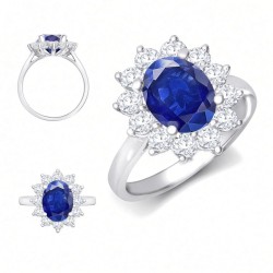 9ct White Gold 0.96ct Lab Grown Diamond & 2.00ct 9x7mm Sapphire Claw Set Cluster Halo Oval Ring