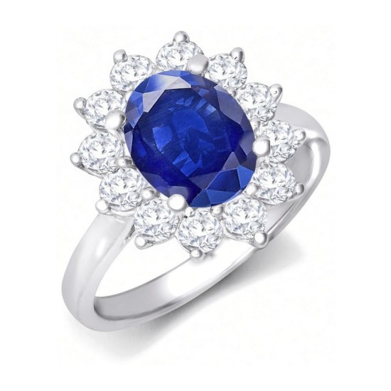 9ct White Gold 0.96ct Lab Grown Diamond & 2.00ct 9x7mm Sapphire Claw Set Cluster Halo Oval Ring