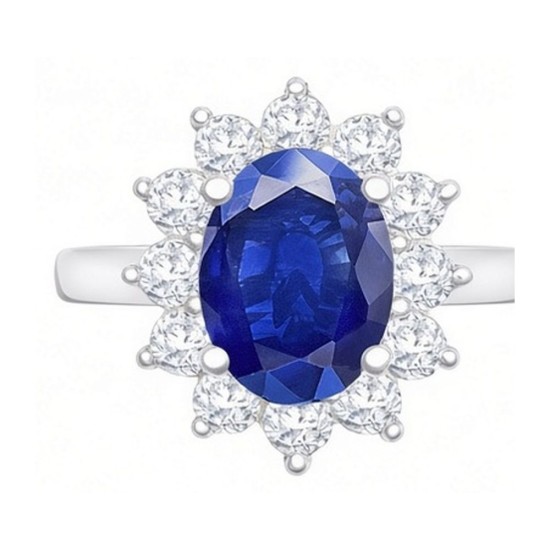 9ct White Gold 0.96ct Lab Grown Diamond & 2.00ct 9x7mm Sapphire Claw Set Cluster Halo Oval Ring