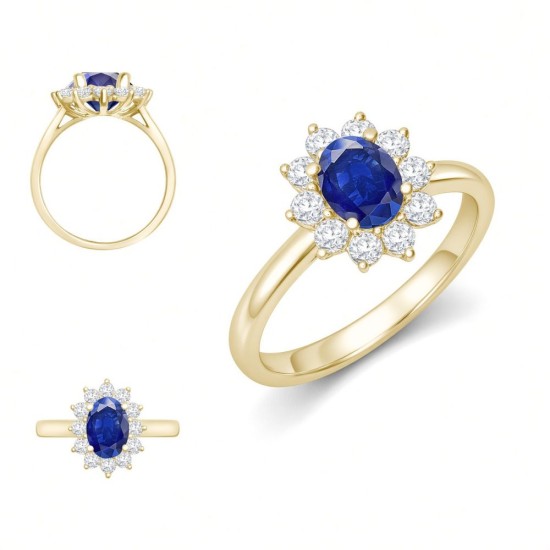 9ct Yellow Gold 0.35ct Lab Diamond & 0.75ct 7x5mm Sapphire Claw Set Cluster Halo Oval Ring