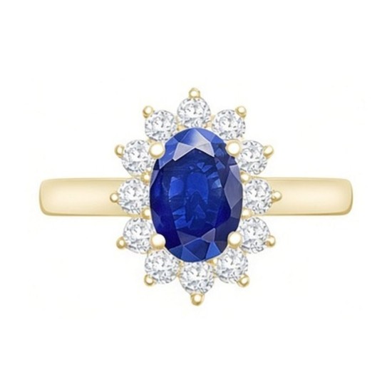 9ct Yellow Gold 0.35ct Lab Diamond & 0.75ct 7x5mm Sapphire Claw Set Cluster Halo Oval Ring
