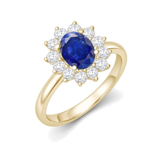 9ct Yellow Gold 0.62ct Lab Diamond & 1.25ct 8x6mm Sapphire Claw Set Cluster Halo Oval Ring
