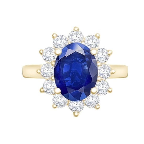 9ct Yellow Gold 0.62ct Lab Diamond & 1.25ct 8x6mm Sapphire Claw Set Cluster Halo Oval Ring