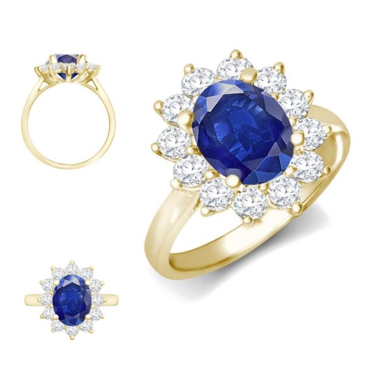 9ct Yellow Gold 0.96ct Lab Diamond & 2.00ct 9x7mm Sapphire Claw Set Cluster Halo Oval Ring