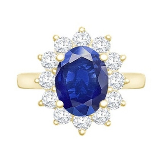 9ct Yellow Gold 0.96ct Lab Diamond & 2.00ct 9x7mm Sapphire Claw Set Cluster Halo Oval Ring
