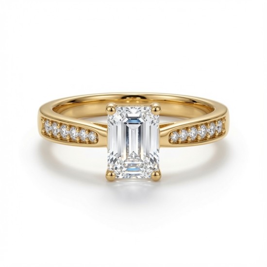 9ct Yellow Gold 1.00ct Lab Diamond & 0.14ct Diamond Wed-Fit Emerald Cut Engagement Ring