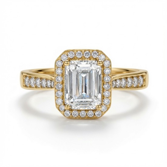 9ct Yellow Gold 1.00ct Lab Diamond & 0.23ct Diamond Wed-Fit Emerald Cut Halo Ring