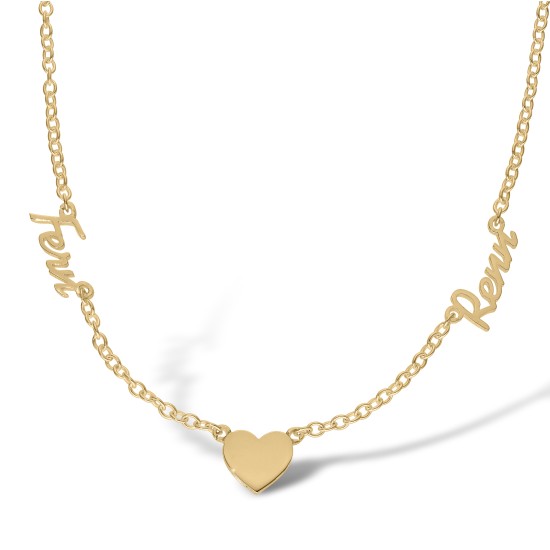 SNP032-GP | 925 Silver Yellow Gold Plated Personalised Nameplate 2 names and a heart + 16" Chain