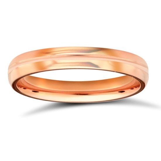 WDS18R3-05(R+) | 18ct Rose Gold Standard Weight D-Shape Profile Centre Groove Wedding Ring