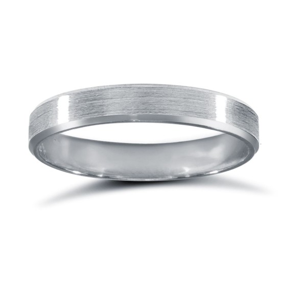 WPFC9W3-04(R+) | 9ct White Gold Premium Weight Flat Court Profile Satin and Bevelled Edge Wedding Ring